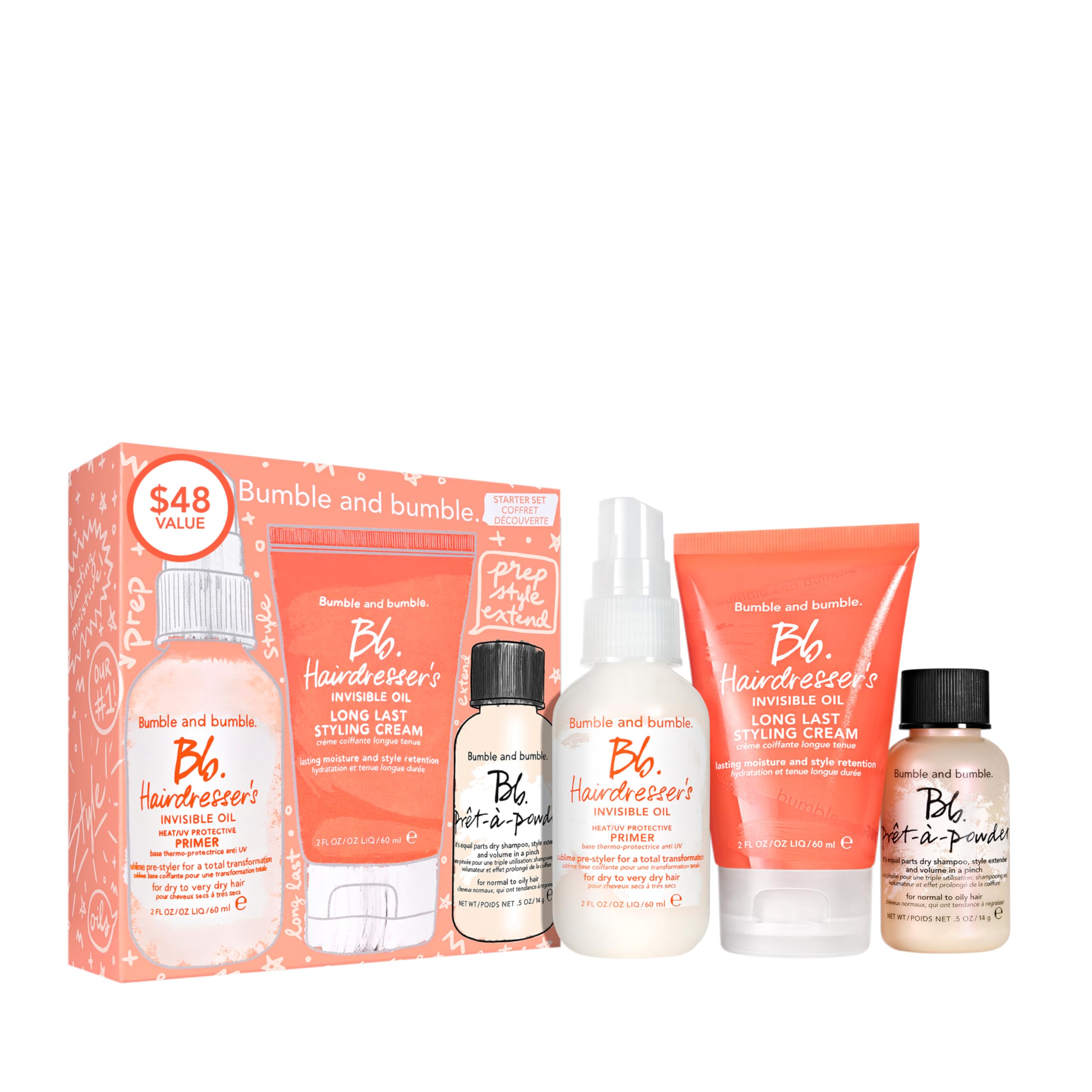 Bumble and bumble. Prep, Style, Extend Starter Set | Hairdresser's Invisible Oil Primer, Hairdresser's Invisible Oil Long Lasting Styling Cream + Prêt-à-powder Dry Shampoo